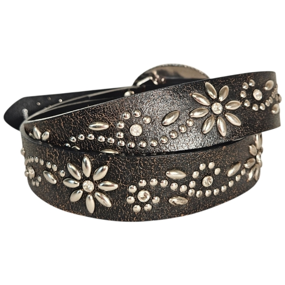 Nocona Distressed Black Leather Western Belt Floral Rhinestone Buckle L main image 7